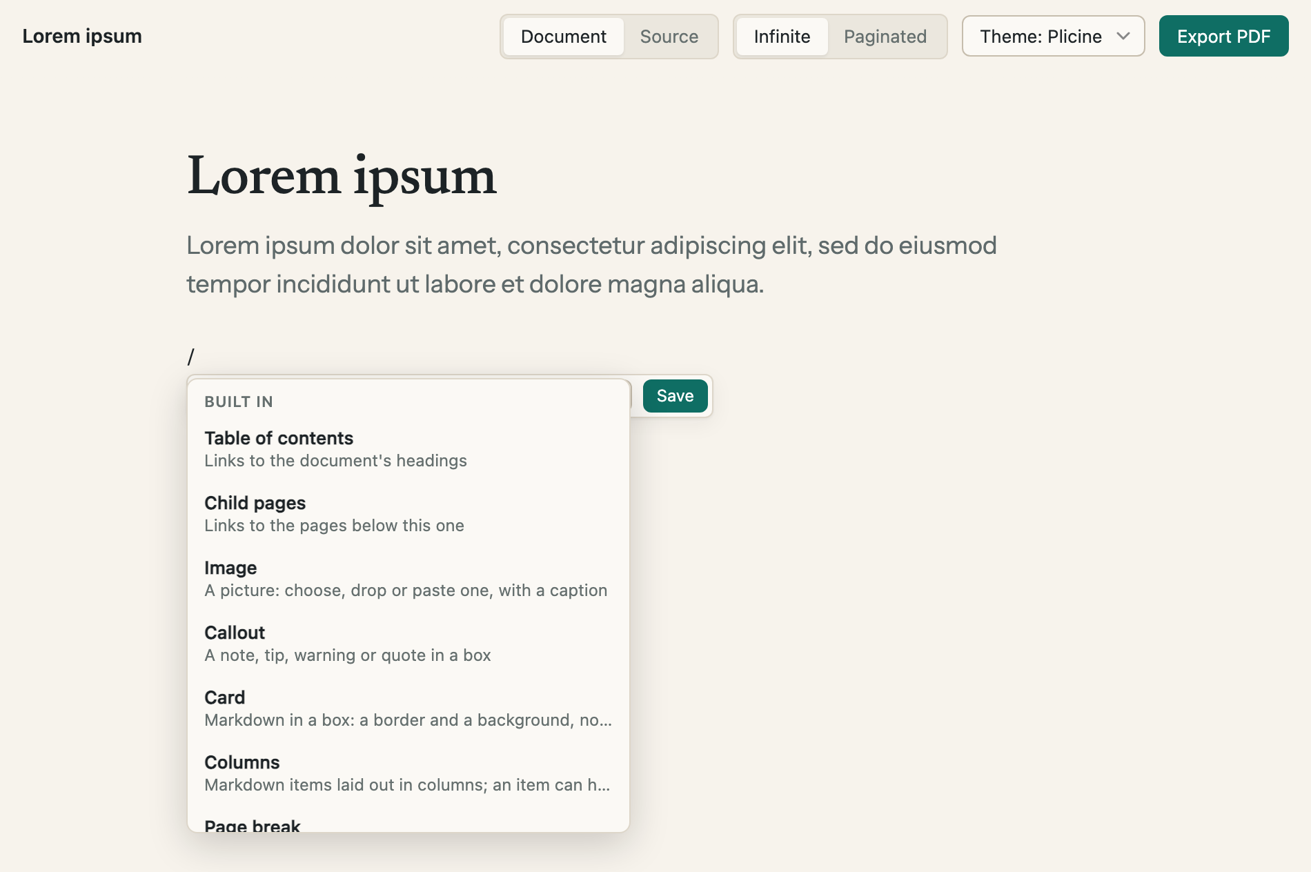 A slash typed on an empty line, with the list of built-in blocks open under it