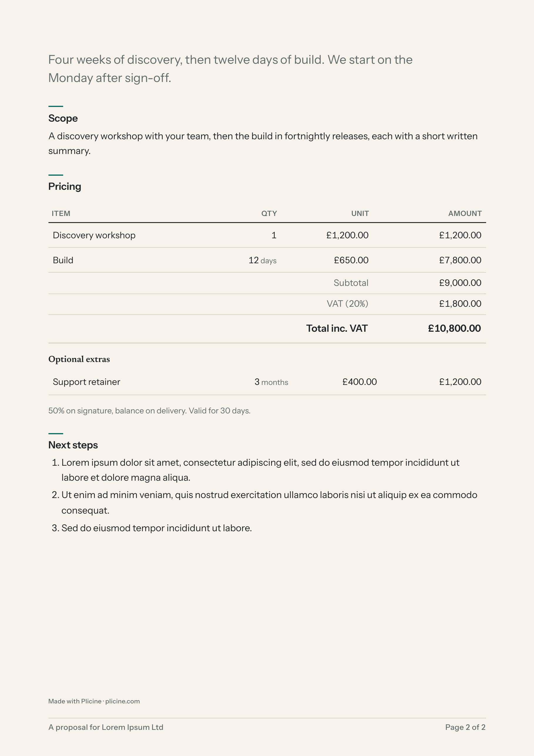 The second page of the exported PDF: the priced quote with its totals, and a running footer with the page number.