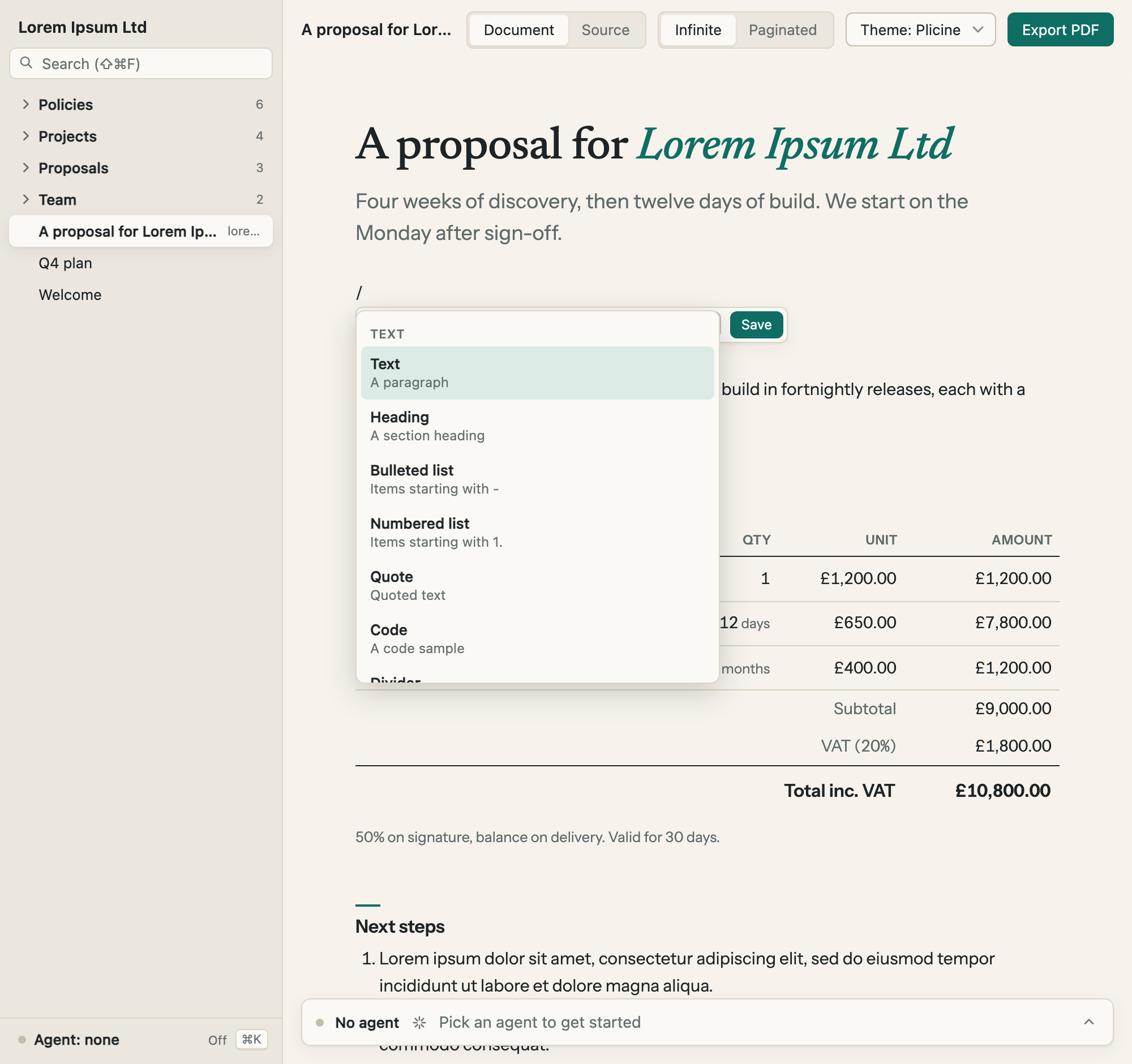 The same document being edited in place: a new paragraph with a slash typed into it, the list of things to add open underneath, and Cancel and Save in a small bar.